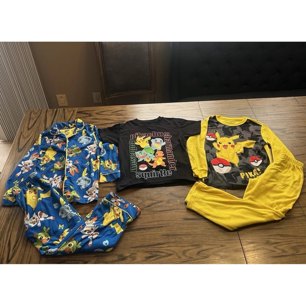 Lot Of 2 - 2 Piece Fleece Pajama & 1 Graphic Tee Shirt Pikachu Scorbunny Sz 7/8